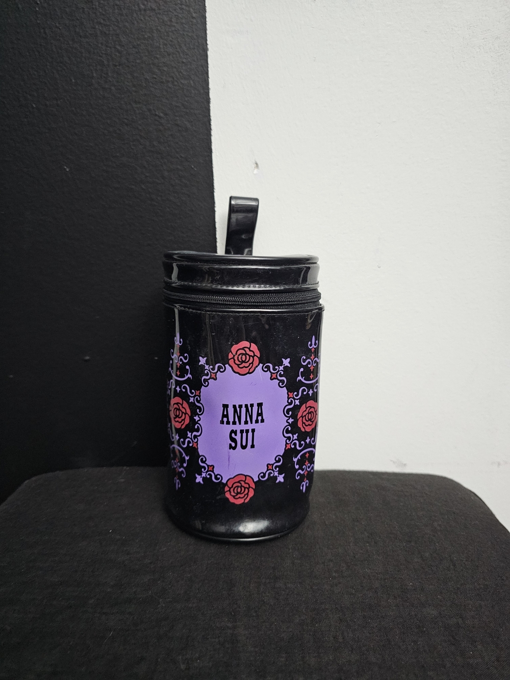 Anna Sui Black Cosmetic Pouch with Purple Panel and Red Rose Motif